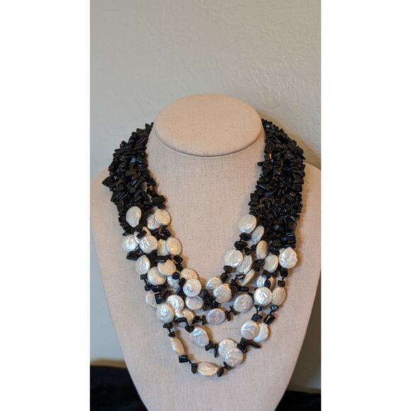 Six Strand White Coin Pearl Black Onyx Chip Sterling Slide In Clasp Necklace - Picture 8 of 8